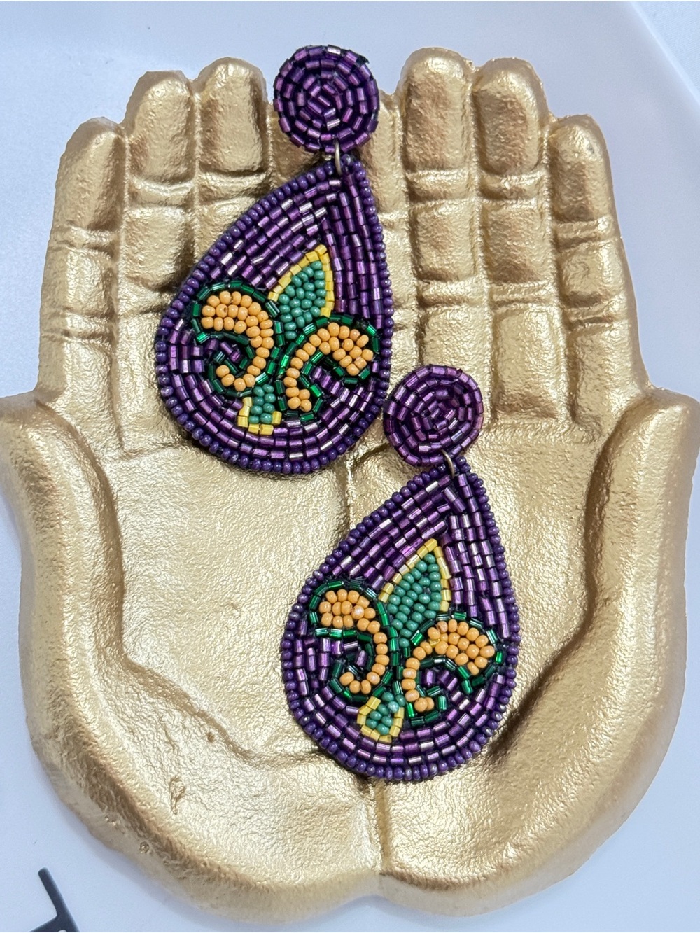 Mardi Gras Beaded , Tear Drop Earrings